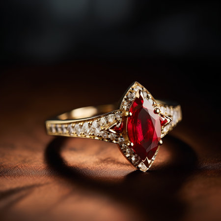 Jewelry ring with red gemstone on a dark background.の素材