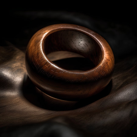 Close-up of a wooden ring on a dark background with copy spaceの素材