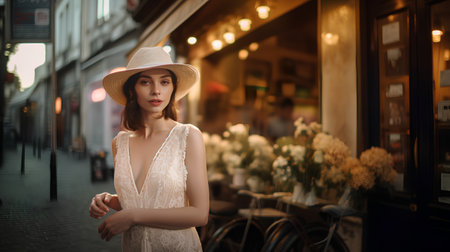 Portrait of beautiful asian woman in white dress and hat walking in the city at nightの素材