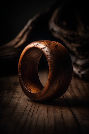 Wooden rings on a wooden background, selective focus, toned imageの素材
