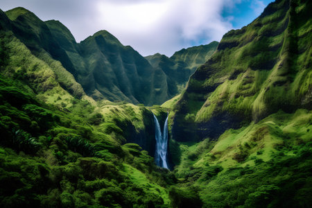 Waterfall in the mountains of Azores, Portugal. Nature composition.の素材