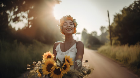 Beautiful happy bride with bouquet of sunflowers on the roadの素材