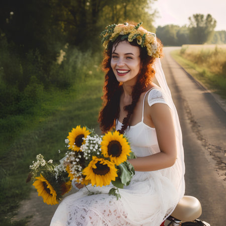 portrait of a beautiful bride with a bouquet of sunflowersの素材