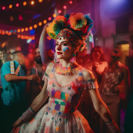 Beautiful young woman with bright make-up and hairstyle in a wreath of flowers on her head dancing at the partyの素材