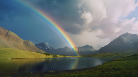 Rainbow over the mountain lake in the Altai mountains, Russiaの素材