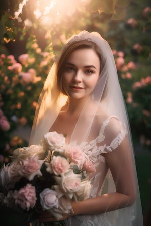 Portrait of a beautiful young bride with a bouquet of flowersの素材