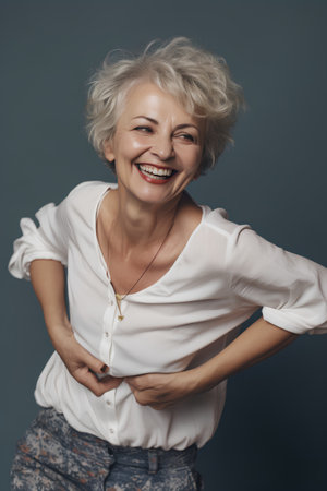 Portrait of smiling senior woman with short grey hair and white shirt.の素材