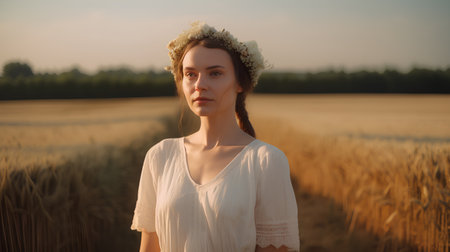 Portrait of a girl in a white dress on a wheat fieldの素材