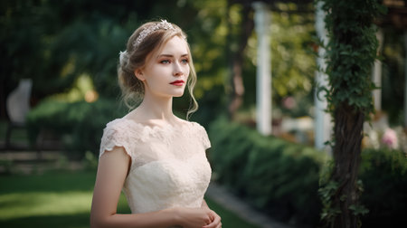 Portrait of a beautiful girl in a white dress in the parkの素材
