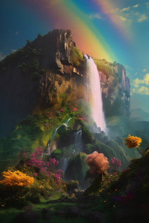 Rainbow over the waterfall on the background of the mountain landscape.の素材