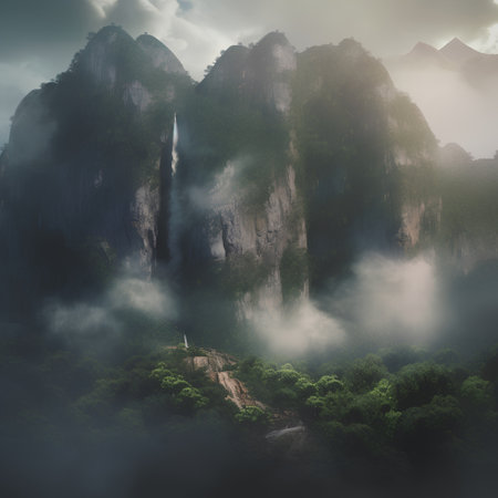 Mountain landscape with fog and waterfalls in the morning, Thailandの素材