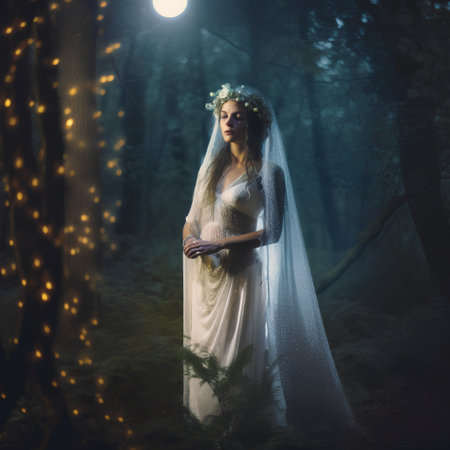 Beautiful bride in the forest at night. Fantasy image of brideの素材
