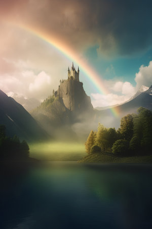 Fantasy landscape with fantasy castle and rainbow in the sky over lakeの素材