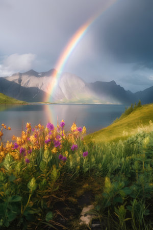 Rainbow over the lake in the mountains of Alaska, USA.の素材