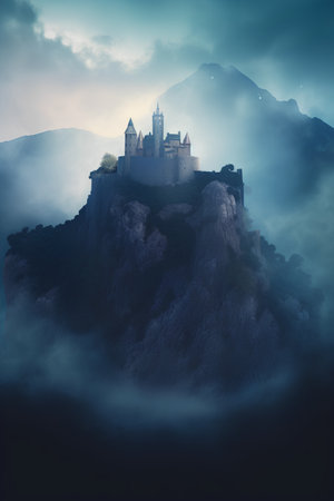 Fantasy landscape with castle in the fog. 3d render.の素材