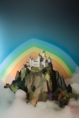 Castle on the hill with rainbow in the sky,3d renderの素材