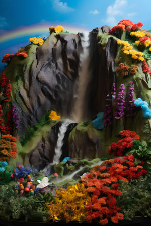 Fantasy landscape with waterfall and rainbow, fantasy world of fantasy worldの素材