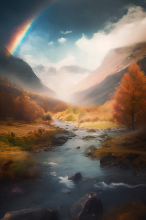 Beautiful autumn landscape with mountain river and rainbow in the sky.の素材