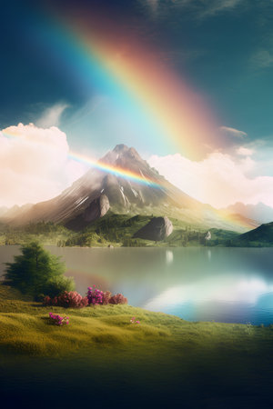Mountain landscape with rainbow in the sky and lake. Nature composition.の素材