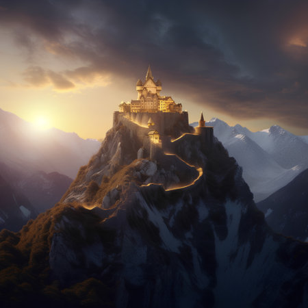 Beautiful castle on the top of a mountain at sunset. 3d renderの素材