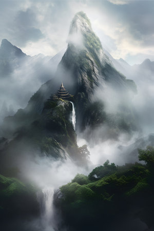 Buddhist temple in the mist and fog in the mountains.の素材