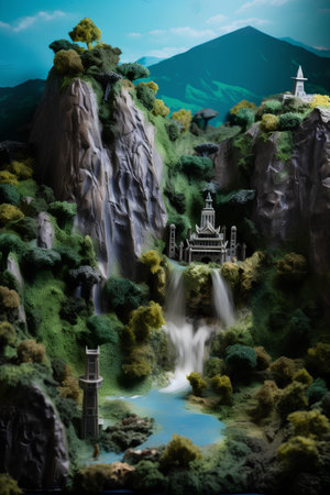 Fantasy landscape with a waterfall and a tower. 3D renderingの素材
