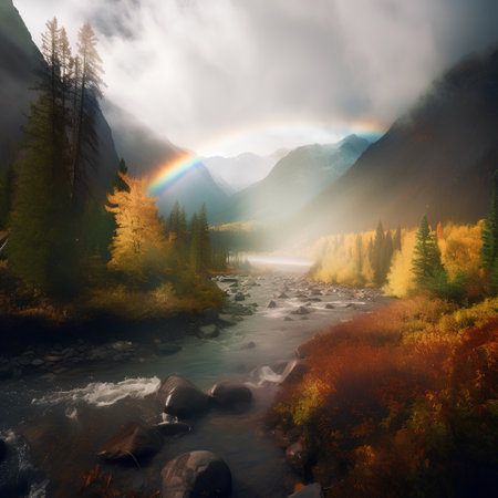 Rainbow over the mountain river in the autumn forest. Nature composition.の素材