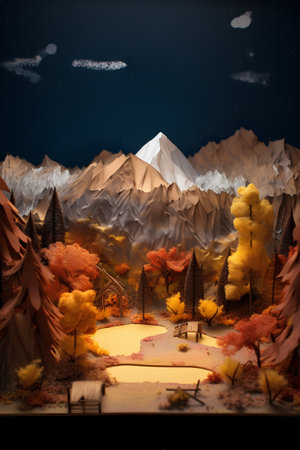 3D illustration of a fantasy landscape with trees, mountains and the moonの素材