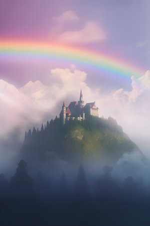 Panoramic view of medieval castle in the mountains with a rainbowの素材
