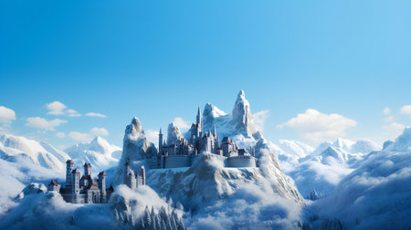 Fantasy landscape with fantasy castle in snowy mountains. 3d renderingの素材