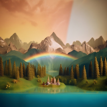 Landscape with a fantasy castle in the middle of the forest and rainbowの素材