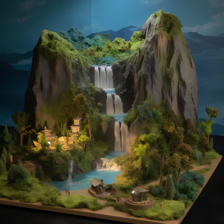 3D render of a fantasy world with a waterfall in the backgroundの素材