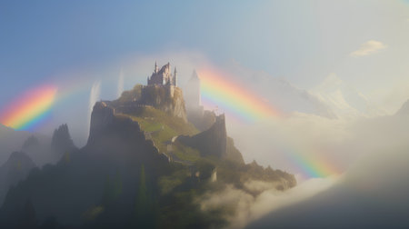 Rainbow over the castle of Montserrat, Catalonia, Spainの素材