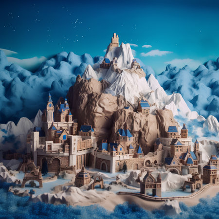 Fantasy landscape with sand castles and mountains. 3D illustration.の素材