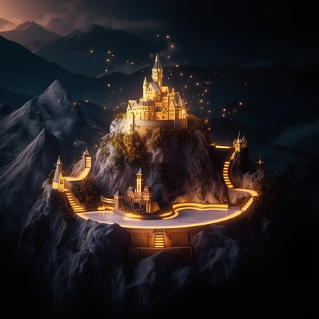 Fantasy castle in the mountains at night. 3D render.の素材
