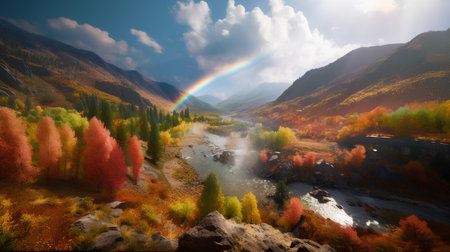 Autumn mountain landscape with colorful forest and rainbow in the sky.の素材