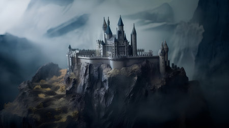 Fantasy scene with castle on top of a cliff. 3d renderingの素材