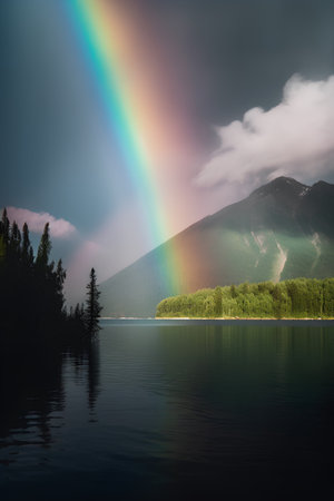 rainbow over the lake in mountains and forest on the shore.の素材