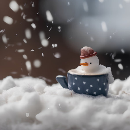 Cup of hot chocolate with snowman on snow, winter backgroundの素材