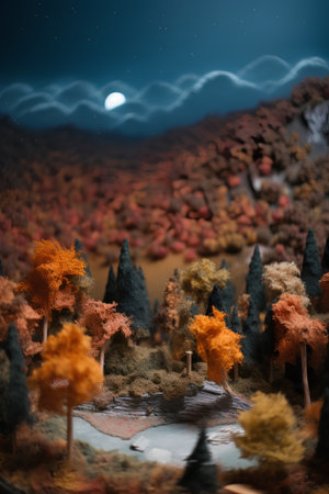 3D render of a fantasy landscape with trees and a full moonの素材