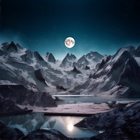Fantasy landscape with mountains and lake in the moonlight at nightの素材