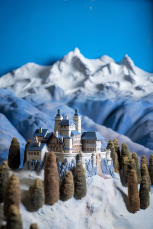 Miniature model of medieval castle on snowy mountain background. Selective focus.の素材