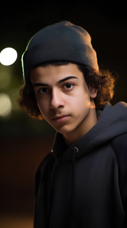 Portrait of a handsome young man in the city at night.の素材