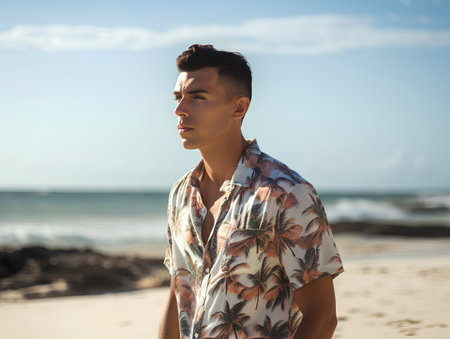 Portrait of handsome young man standing on the beach, looking awayの素材