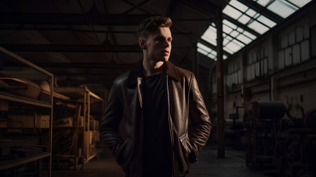 Portrait of a handsome young man in a leather jacket in an old factoryの素材