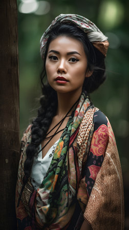 Portrait of beautiful asian woman in traditional costume. Boho style.の素材