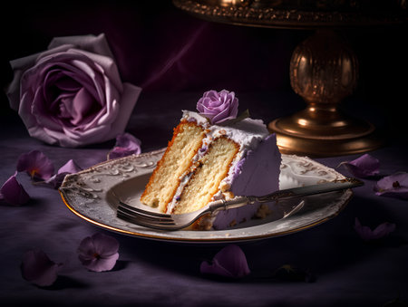 Slice of cake on a silver plate with rose flowers. Selective focus.の素材