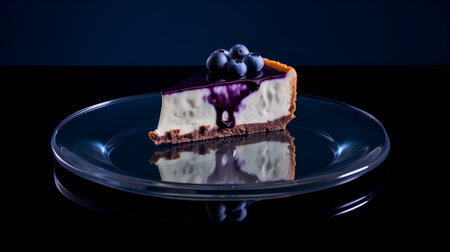 Blueberry cheesecake on a glass plate with reflection on black backgroundの素材