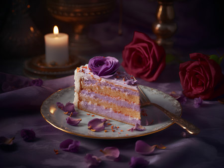 Piece of cake on a plate with purple roses and candles.の素材