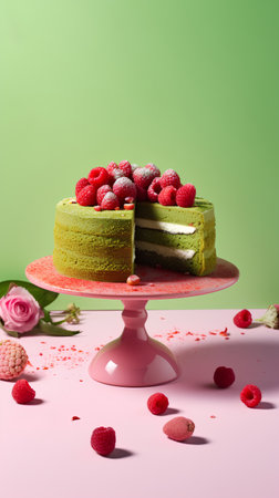 Green tea cake with raspberries on a pink stand on a pink backgroundの素材